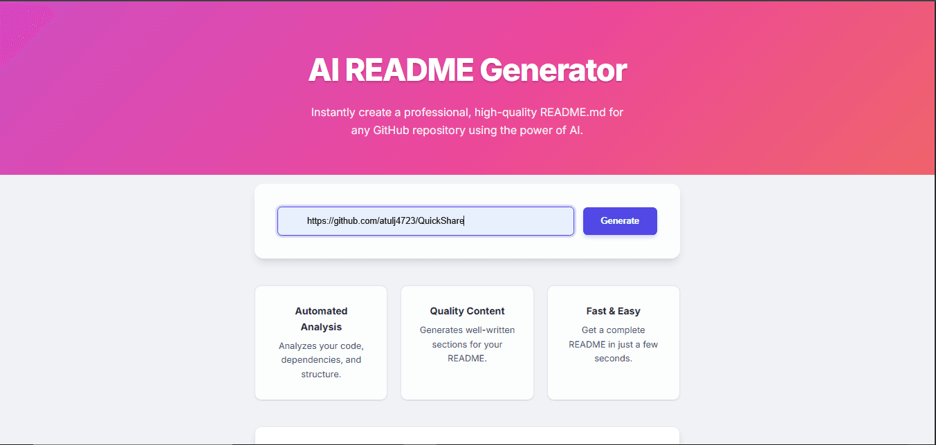 README Generator - An automated tool to generate comprehensive and well-structured README files for your projects.